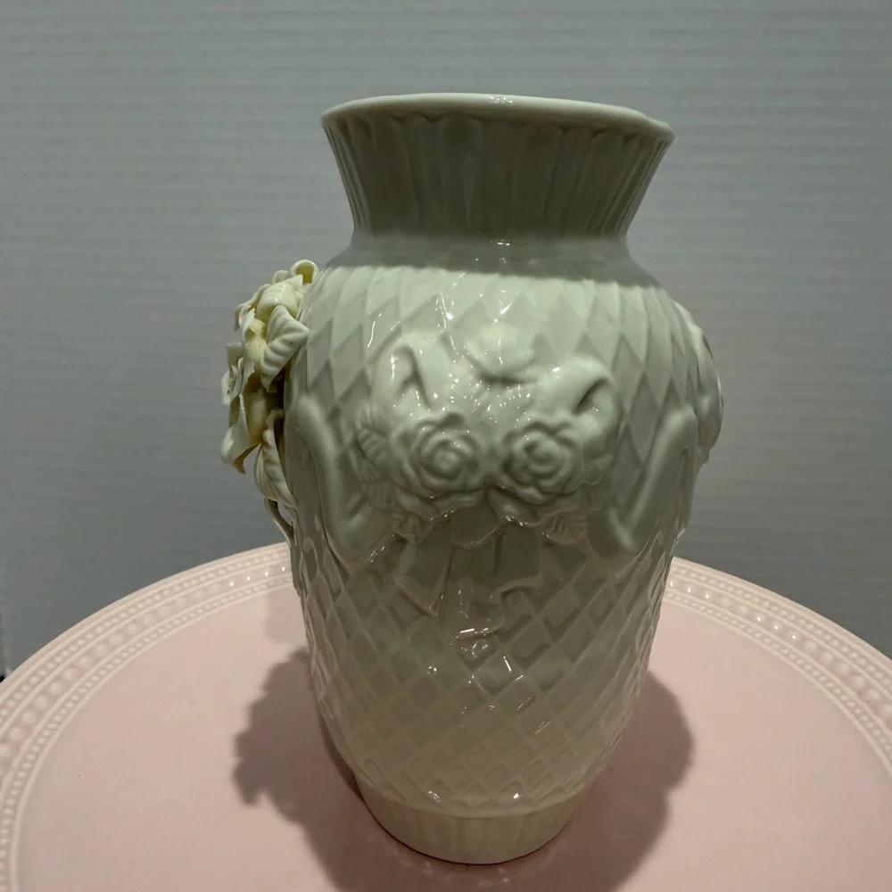 Vintage Ivory Ceramic Vase Embossed Floral Rose Basketweave Pattern
